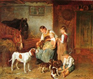 Happy Family In A Barn Interior — Adolf Eberle