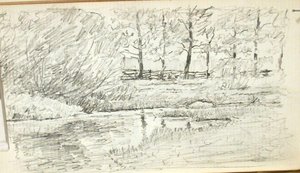 Trees And Fence By Stream — John Ottis Adams