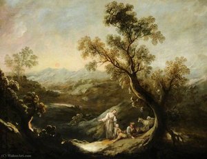 An Extensive Mountain Landscape With Figures And Sheep — Ignacio De Iriarte