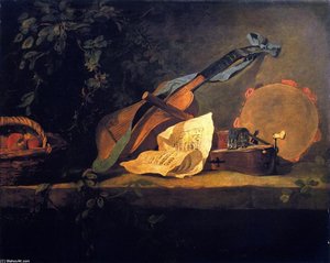 Musical Instruments And Basket Of Fruit — Jean-baptiste-siméon Chardin