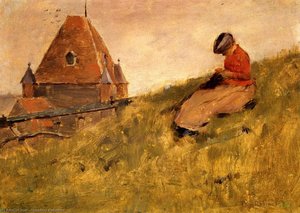 On The Cliff: A Girl Sewing — Theodore Robinson