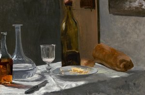 Still Life With Bottle, Carafe, Bread, And Wine — Claude Monet, Impressionistic Landscape