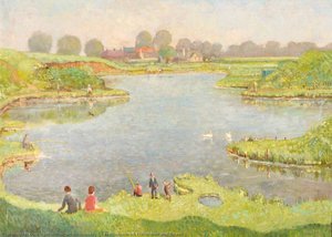 Lake Scene With Fishermen And Swans — John Thomas Whormsley