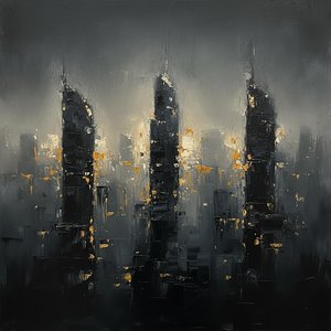 Monolithic Shadows In Amber: A Singular Study Of Urban Solitude And Light — Christian Noiret, Contemporary Abstract