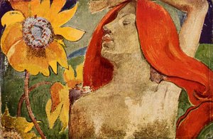 Redheaded Woman And Sunflowers — Eugène Henri Paul Gauguin, Post-impressionist Cloisonnism