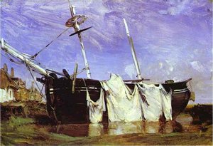 A Boat Beached In A Port At Low Tide — Richard Parkes Bonington