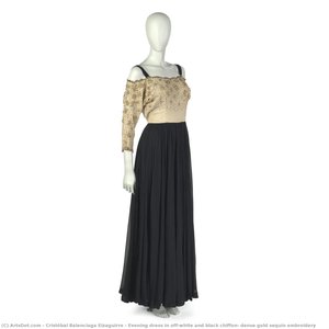 Evening Dress In Off-white And Black Chiffon, Dense Gold Sequin Embroidery — Cristóbal Balenciaga Eizaguirre, Avant-garde Fashion Design