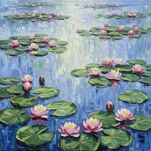 Serene Reflexionen Von Azurblauen Gewässern Und Schwebenden Blütenblättern In Impasto-textur — Christian Noiret, Zeitgenössische Abstraktion