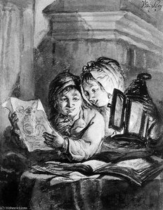 Boy and girl looking at drawings Sun