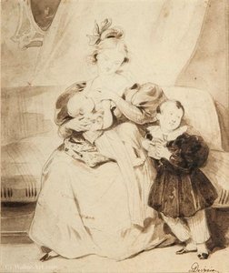 Mère Et Enfants Lavis — Achille Jacques Jean Marie Devéria