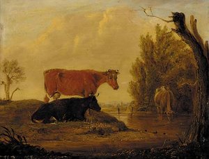 Cattle Watering In A Wooded Landscape — Edmund Bristow