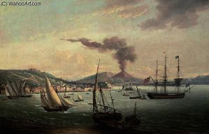 An English Frigate Amidst Much Activity In The Bay Of Naples With Vesuvius Erupting Beyond — John Thomas Serres