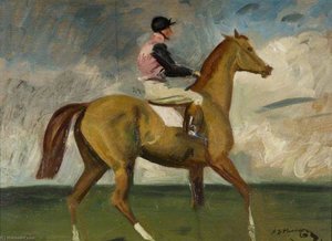 A Chestnut Racehorse With Jockey Up In A Landscape — Sir Alfred James Munnings