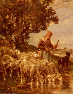 A shepardess watering her flock