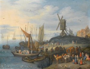 A River Landscape With Figures Both On A Ferry And Waiting On The Shore Beneath A Windmill — Joseph Van Bredael