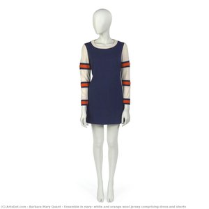 Ensemble In Navy, White And Orange Wool Jersey Comprising Dress And Shorts — Barbara Mary Quant, Pop Art