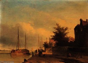 Figures On A Quayside In A Dutch Town — Jan Weissenbruch, Hague School