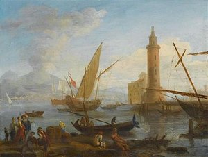 A Mediterranean Harbour With Elegant Figures On The Quay And Fishermen With Their Nets — Adrien Manglard