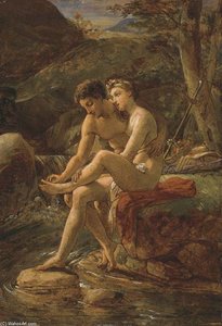 Daphnis Pulling A Thorn From Chloe's Foot By A River — Louis Hersent