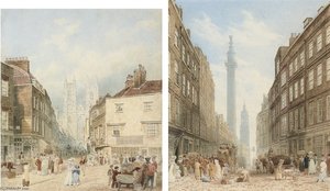 View Of Tothill Street With Westminster Abbey Beyond; And View Of Gracechurch Street With The Monument And The Church Of St. Magnus The Martyr Beyond — Frederick Nash