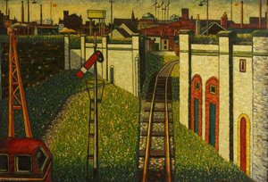 Railway Leading To Docks With Railway Signal Gantries In The Foreground And Background — Charles Byrd