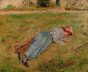 Resting, Peasant Girl Lying On The Grass, Pontoise — Camille Pissarro, Impressionist Landscape