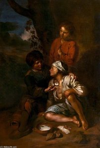 Two Boys Feeding A Beggar
