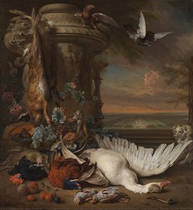 Hunting And Fruit Still Life Next To A Garden Vase, With A Monkey, Dog And Two Doves, In The Distance Rijksdorp Near Wassenaar, Seat Of Jacob Emmery, Baron Of Wassenaar, Jan Weenix, 1714 — Jan Weenix