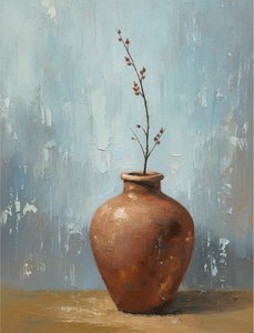 Terracotta Vessel And Budding Branch Against A Pale Sky — Laurent Roche, Soft Minimalism