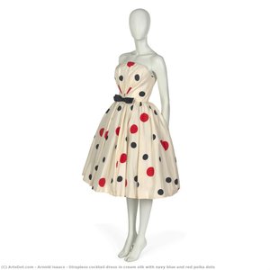 Strapless Cocktail Dress In Cream Silk With Navy Blue And Red Polka Dots — Arnold Scaasi