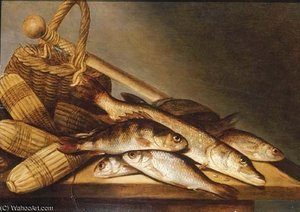 Pike, Rudd And Perch With Fishing-nets And A Basket On A Wooden Ledge