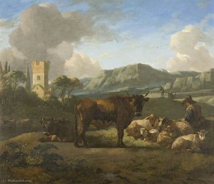 Cattle And Herdsmen In A Hilly Landscape — Willem Romeijn