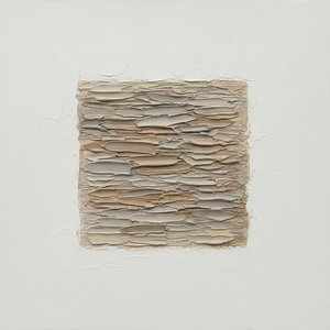 Monolithic Serenity: A Sculptural Study In Textured Taupe And Minimalist Relief — David Moreau, Plaster & Texture Art
