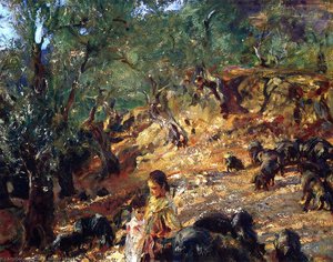 Ilex Wood At Majorca With Blue Pigs — John Singer Sargent
