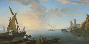 Southern Mediterranean Seascape With Boats And Figures At Sunset — Adrien Manglard