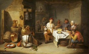 A Poor Company At A Table In A Rustic Kitchen (le Petit Chaudron) — Willem Van Herp