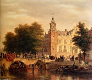A sunlit townview with figures gathered on a square along a canal