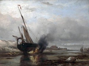 Breaming A Calais Lugger At Low Water — Edward William Cooke, Romantic Realism
