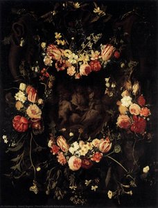 Floral Wreath With Relief After Quellinus — Daniel Seghers, Baroque Flower Painting