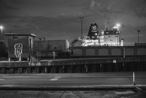View of Public Belt Railroad, floodwall, and cargo ship in port; Bywater, New Orleans