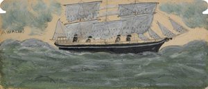 Three Master With Four Sailors And Four Dolphins In Green Sea — Alfred Wallis