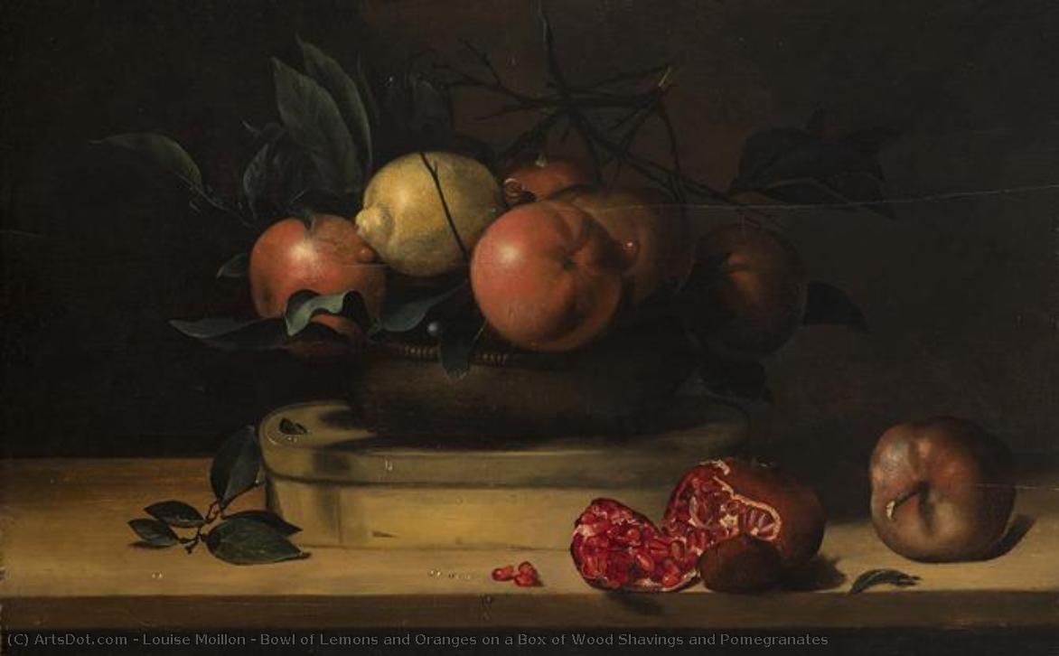 Bowl Of Lemons And Oranges On A Box Of Wood Shavings And Pomegranates — Louise Moillon