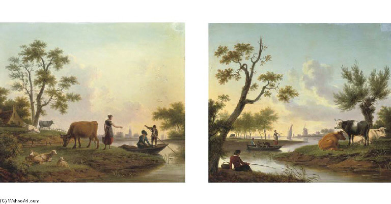 A Pastoral River Landscape With A Milkmaid Conversing With Two Men In A Boat — Frans Swagers