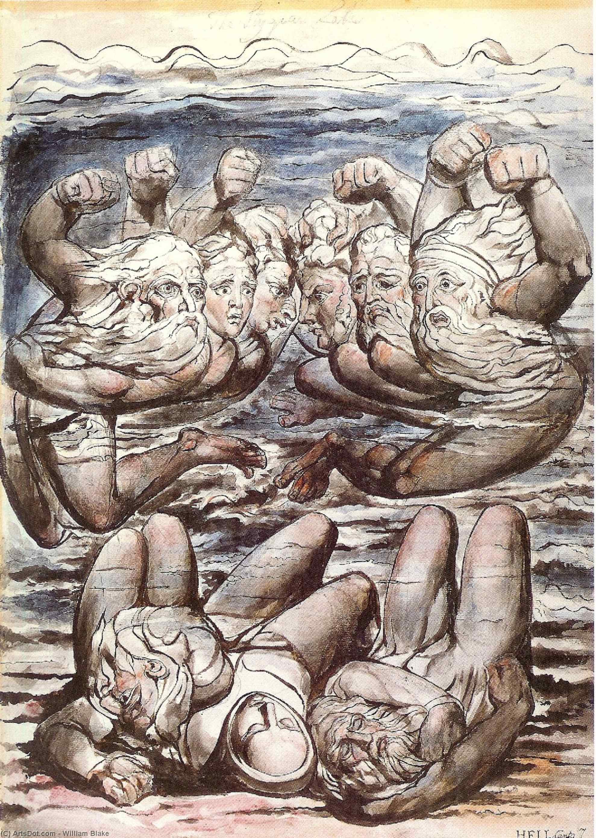 Inferno, Canto Vii, 110-127, The Stygian Lake With Angry Sinners Fighting — William Blake