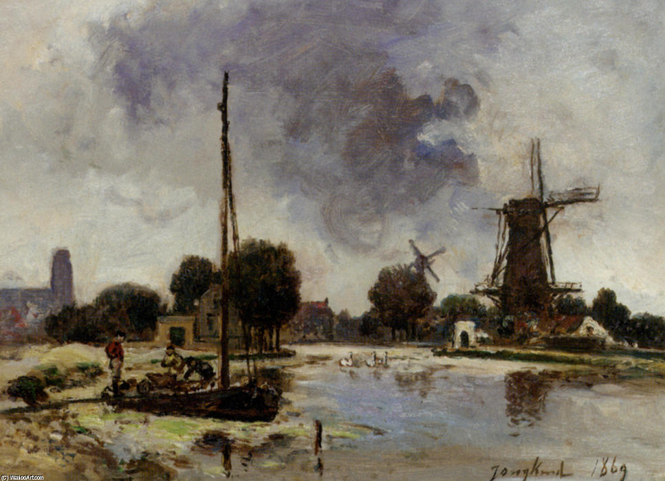 A Sailboat Moored On The Bank Of A Stream — Јохан Бартолд Јонгкинд