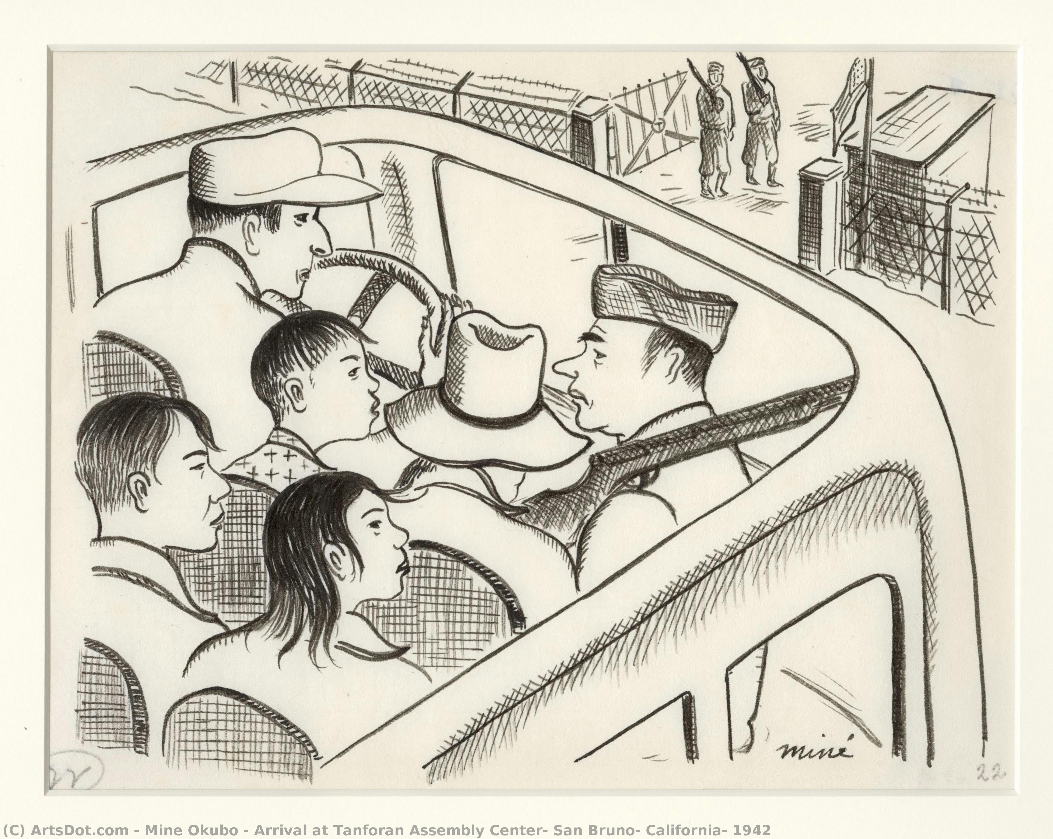 Arrival At Tanforan Assembly Center, San Bruno, California, 1942 — Miné Okubo