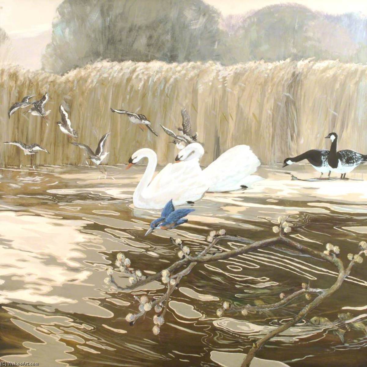 Swans And Kingfisher (triptych, Centre) — Anne Toms