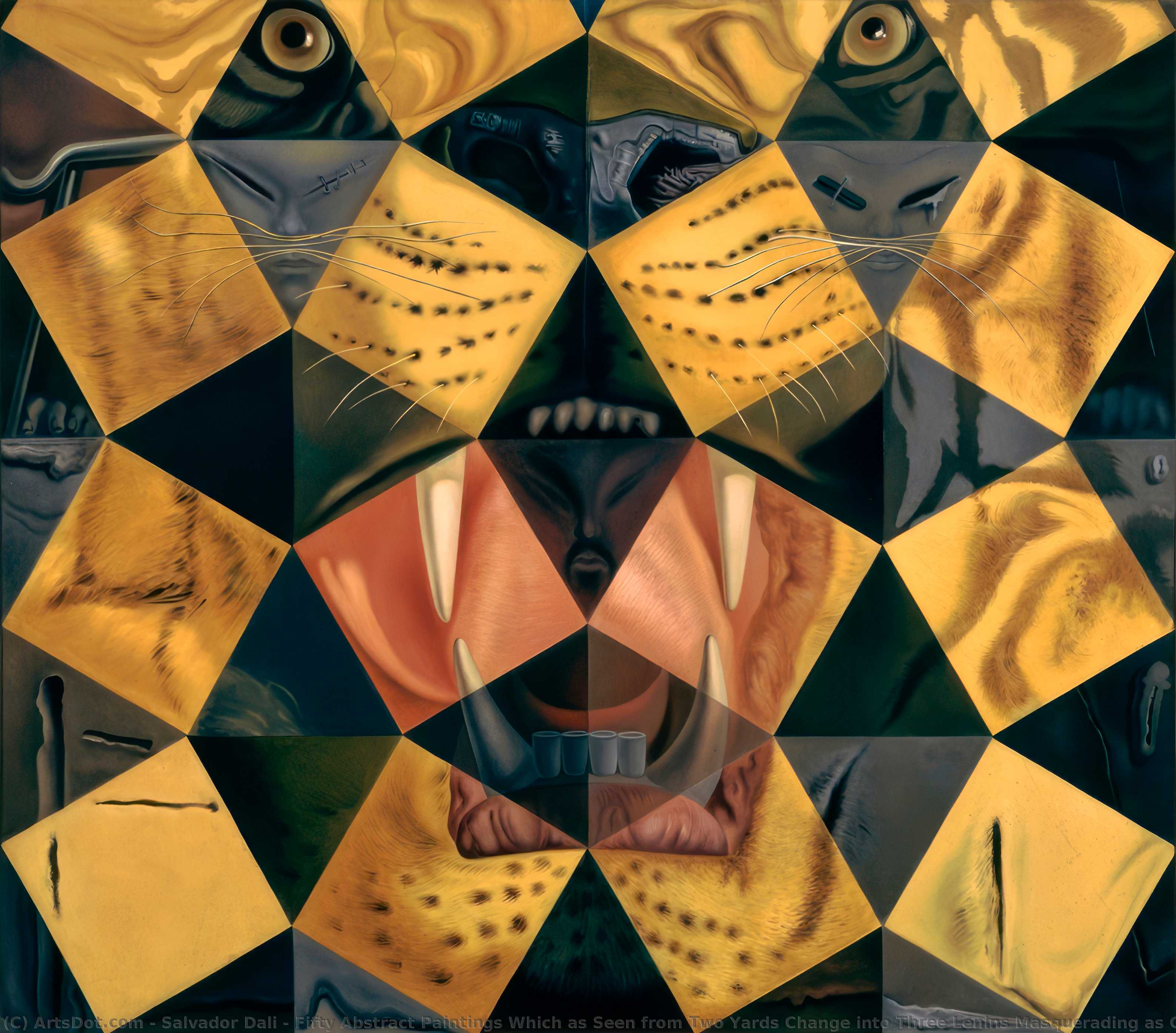 Fifty Abstract Paintings Which As Seen From Two Yards Change Into Three Lenins Masquerading As Chinese And As Seen From Six Yards Appear As The Head Of A Royal Bengal Tiger, 1963 — Salvador Dalí