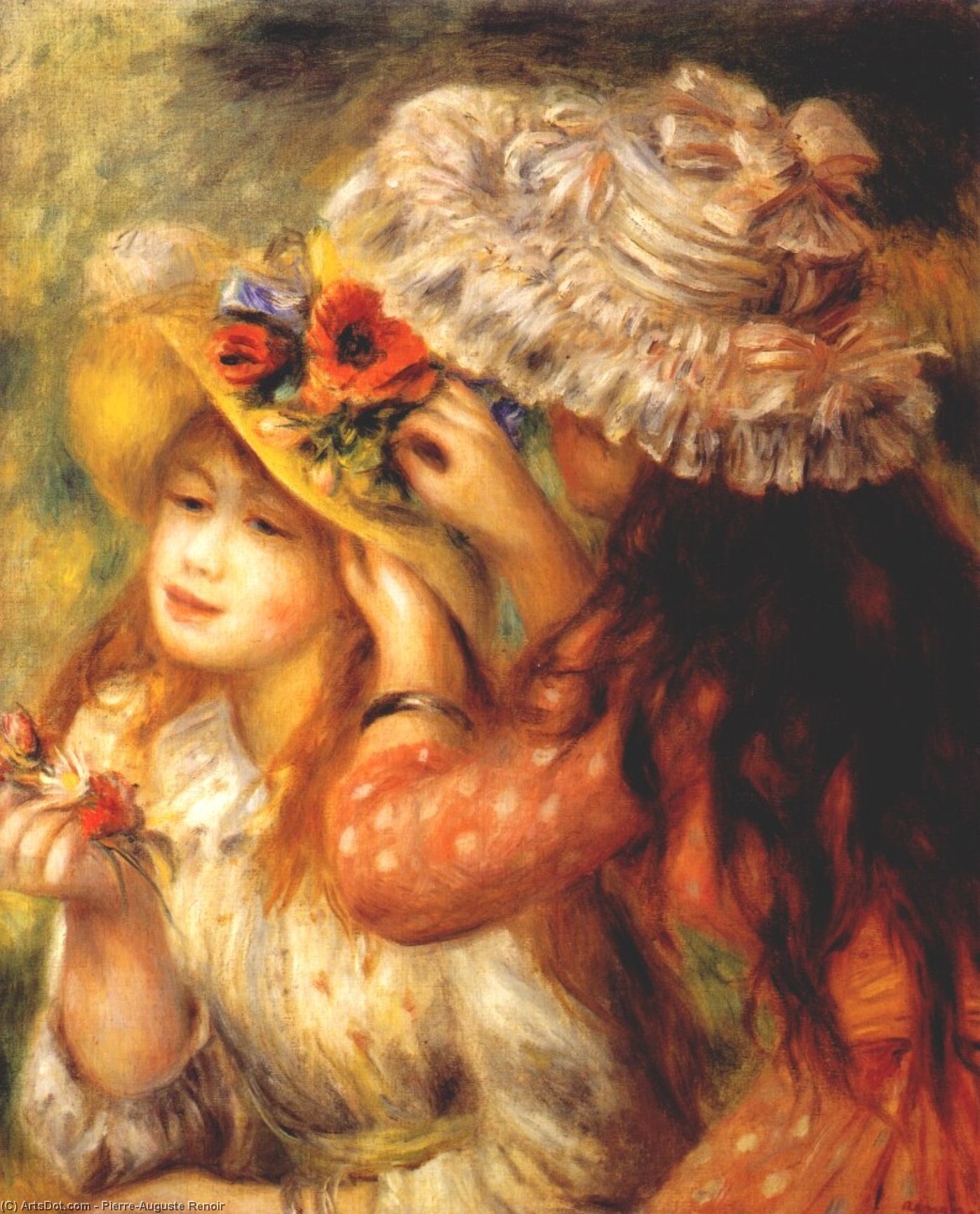 Girls Putting Flowers On Their Hats — Pierre-auguste Renoir