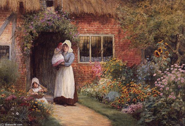 Mother And Children Outside A Cottage — Arthur Claude Strachan
